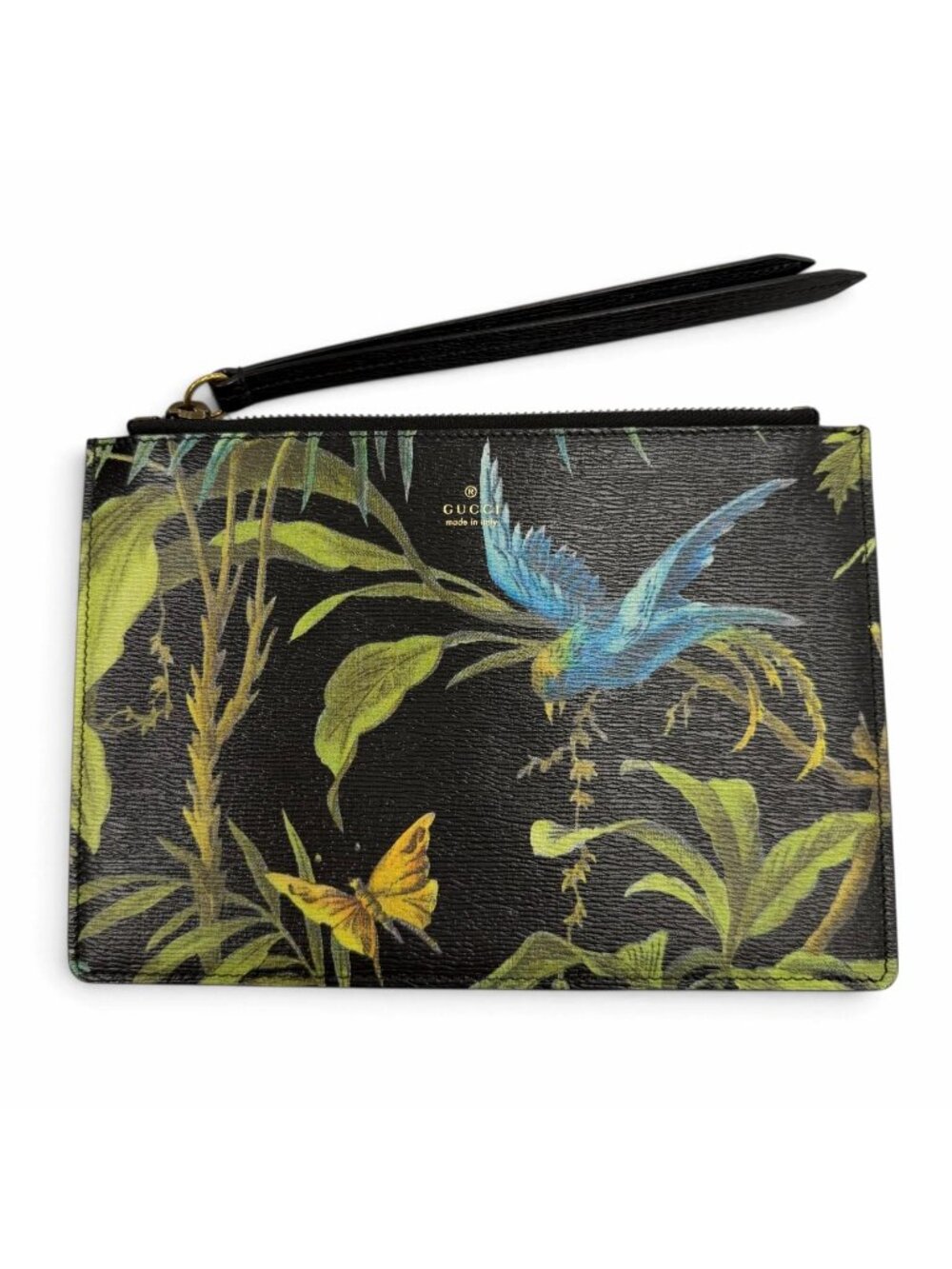 Gucci Leather Tropical Print Pouch Clutch Black